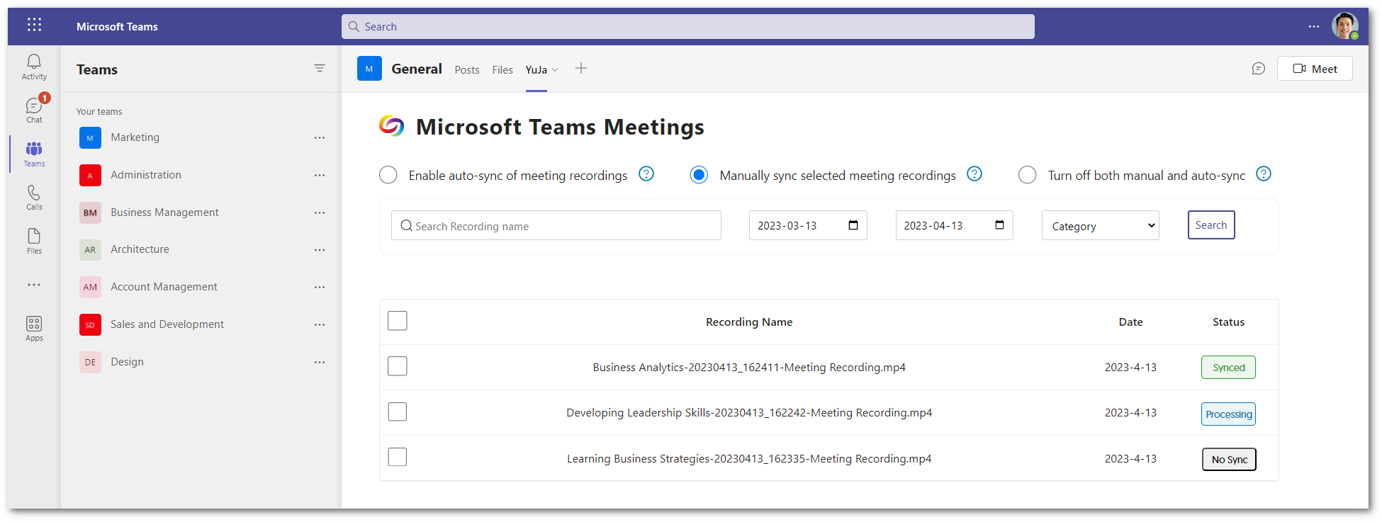 The YuJa app is featured within Microsoft Teams. The app features a table with a list of recordings, and options to automatically or manually sync recordings.