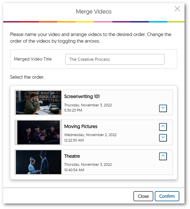Merge Videos Window featuring three videos having been selected.