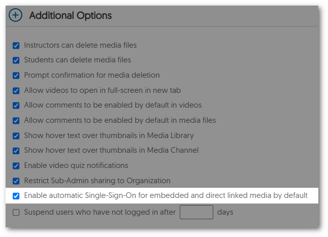 Setting to check Enable automatic Single sign-on for embedded and direct linked media content.