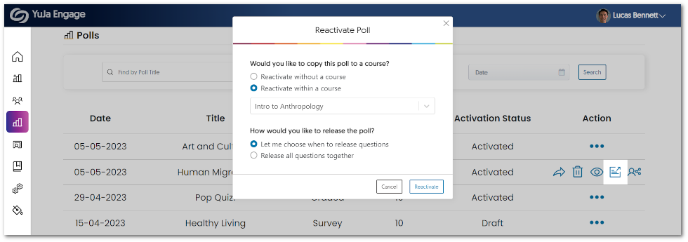 Reactivate a Poll module is shown within the Polls tab.