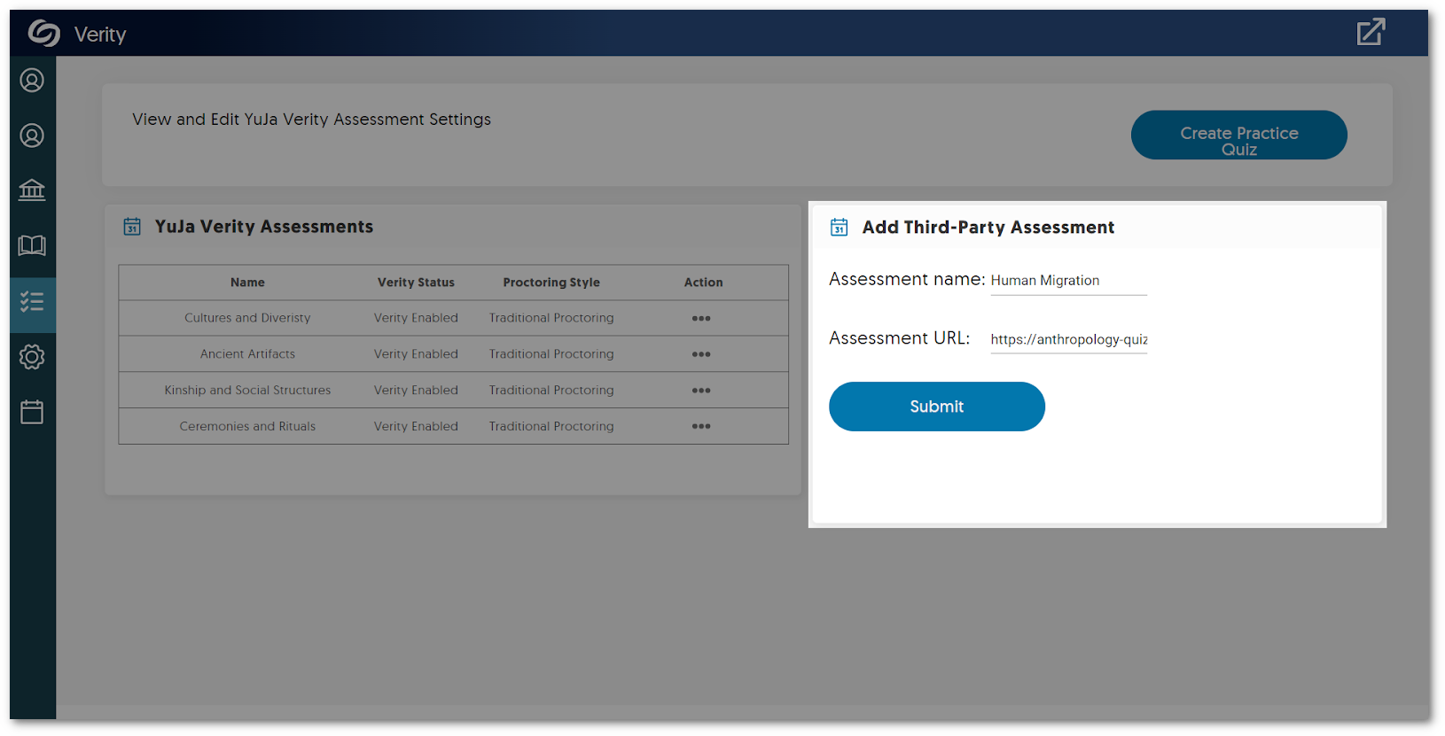 The Verity Assessment tab featuring the option to add a third-party tool.