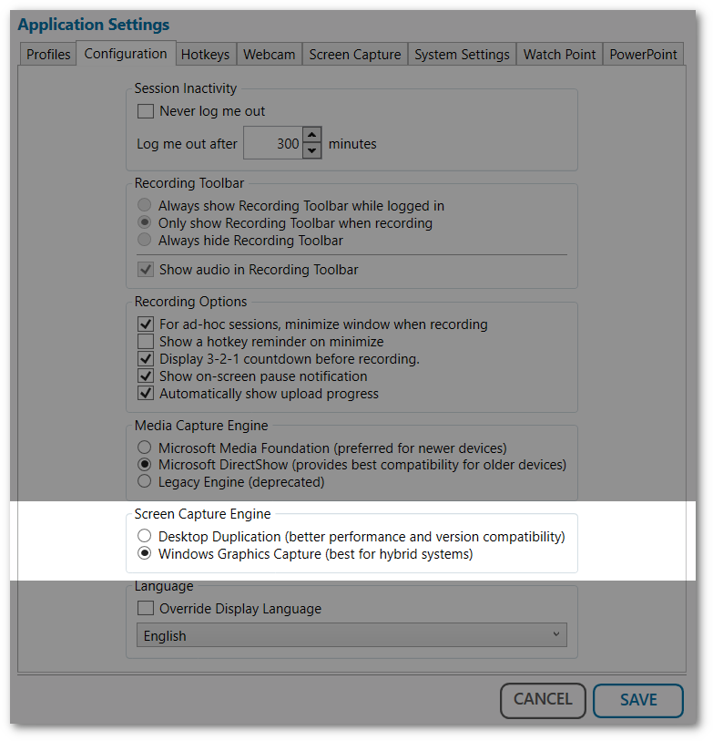 Screen Capture Engine options in Configuration settings.