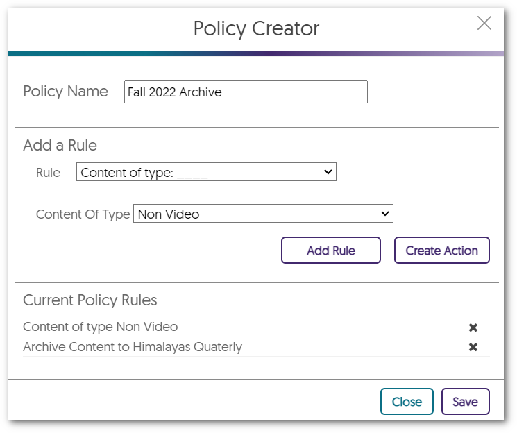 Policy Creator window. 