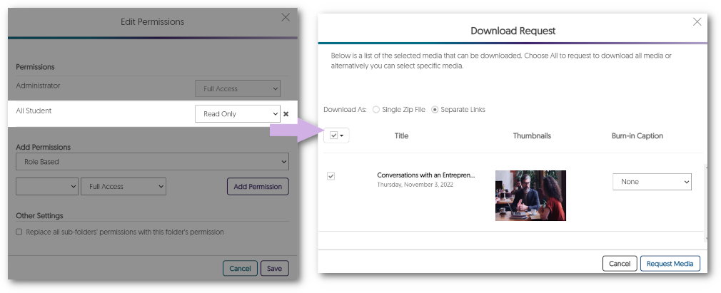Permission Read Only settings applied to students and download video window.