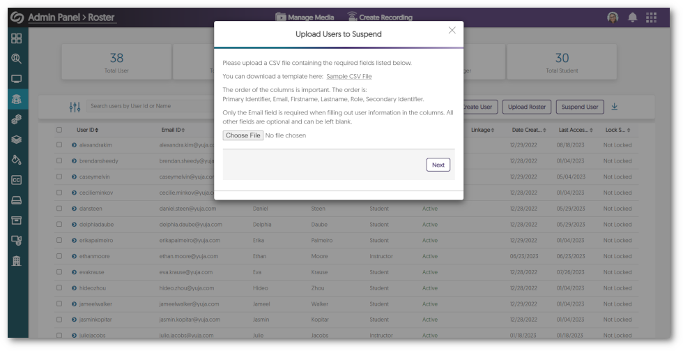Dialogue box showing the option to suspend user.