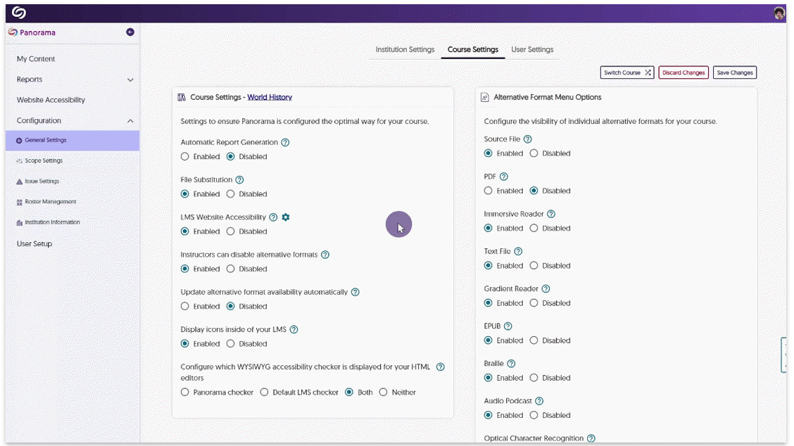 Accessing a course from the Course Settings page in Panorama.