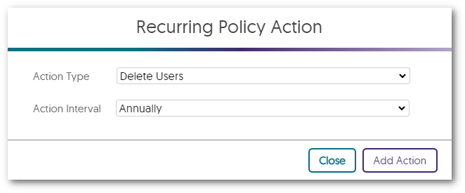 Recurring Policy Action modal has the action type of Delete Users.