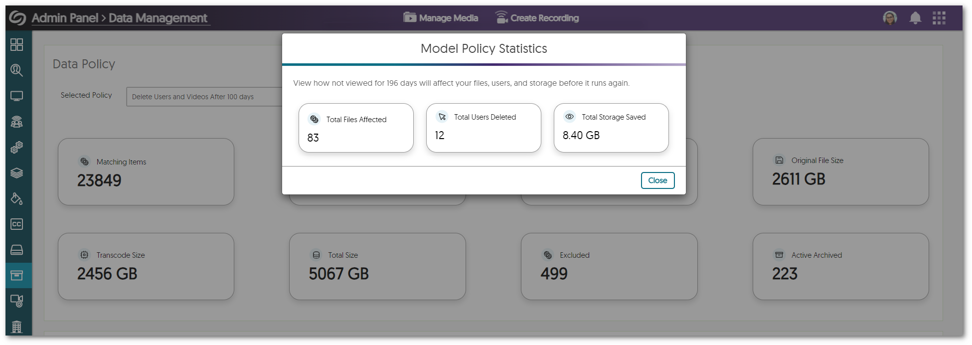 Modal Forecast of a data policy showing the number of files, users, and storage affected.