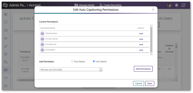 Radial options for editing auto captioning permissions for specific users or roles.