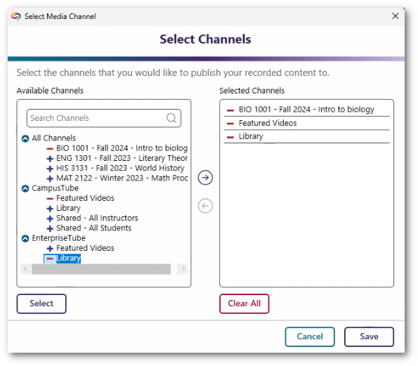 The new UI for selecting channels featuring a side-by-side comparison of Available and Selected Channels.