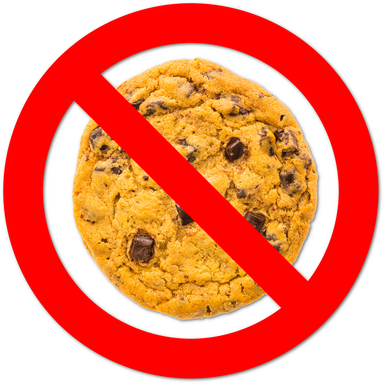 A chocolate chip cookies with a prohibition sign covering it.