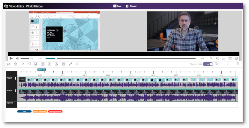 Two audio waveforms are shown within the Video Editor on separate tracks.
