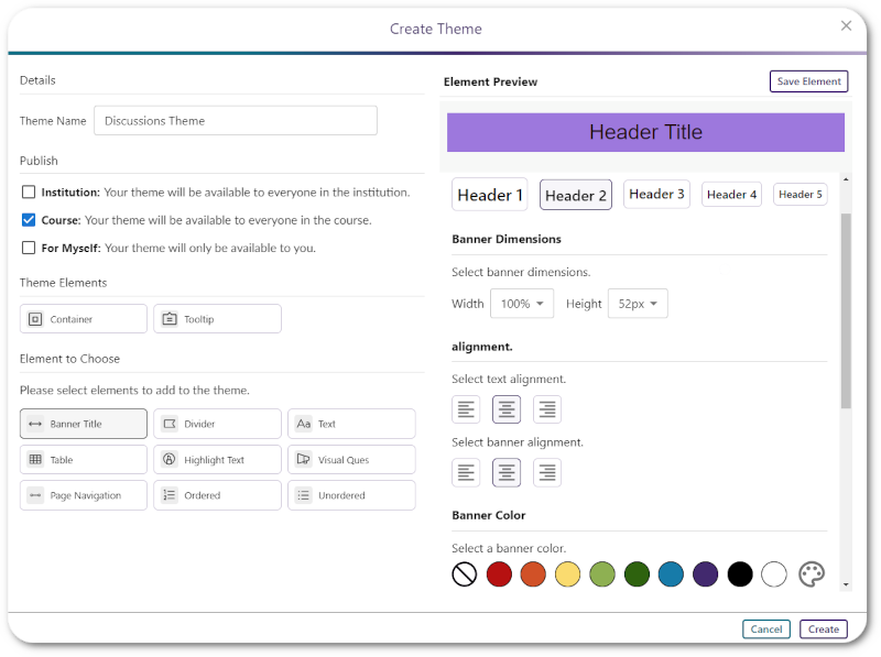 A modal allowing users to select an element and then style its sizing, alignment, and colors.