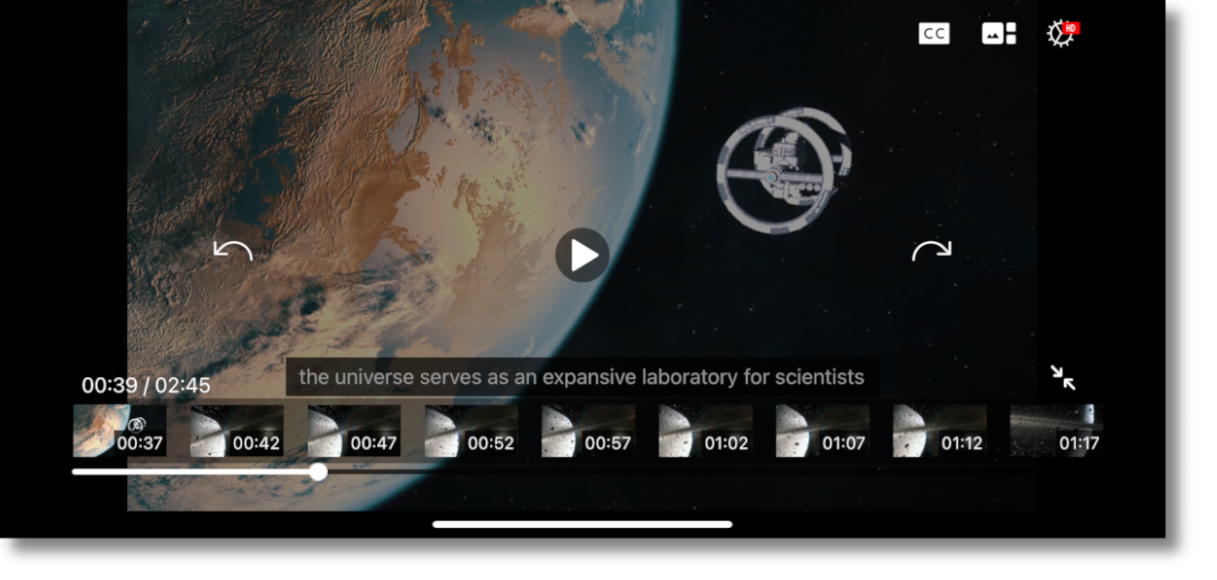 The new YuJa Video Player, featuring a video about space, with captions and thumbnails turned on.