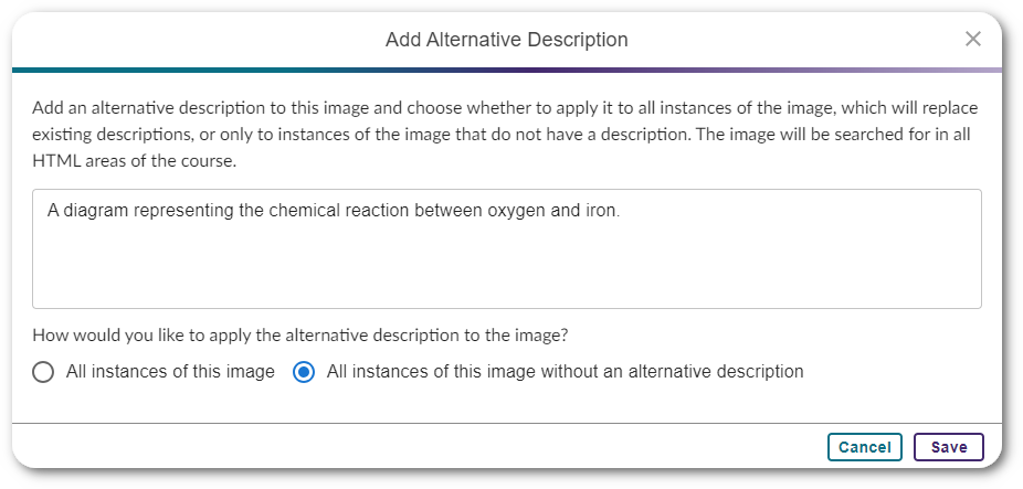 Option to add alt-text to be applied either to all instances of the image or to instances that do not have an alt-text.