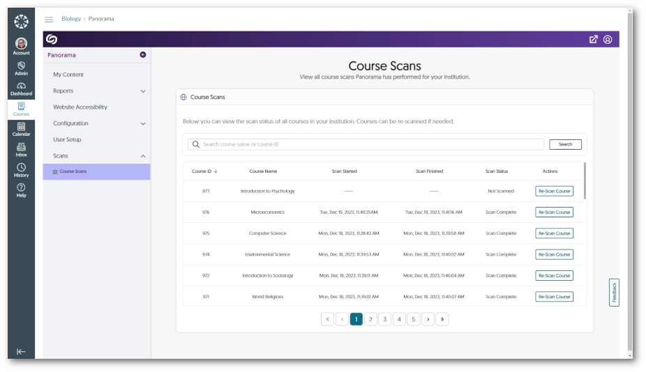 Panorama's course scan page shows a table of scanned courses.