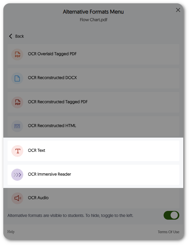 The Panorama Alternative formats menu for OCR.