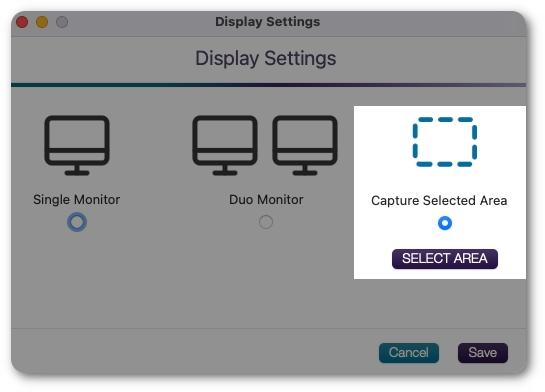 The display settings modal features the option to capture a selected area.