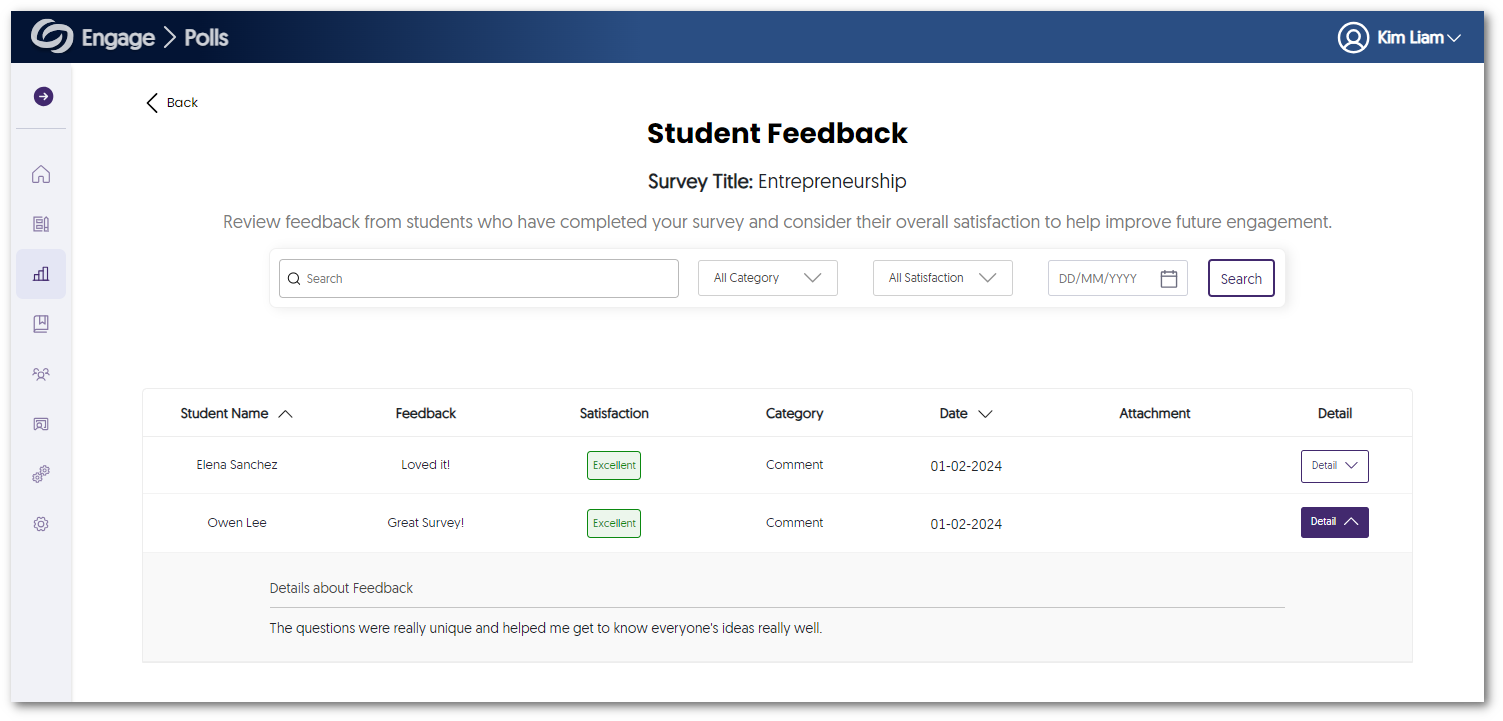 A table showing feedback results from students.