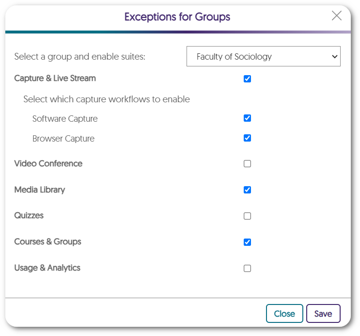 The Exceptions for Groups modal shows a list of suites that can be enabled for a selected group. 