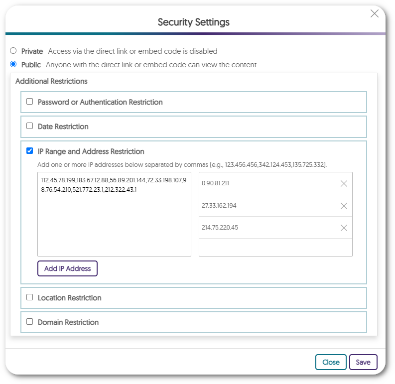 Security settings with a list of IP addresses added.