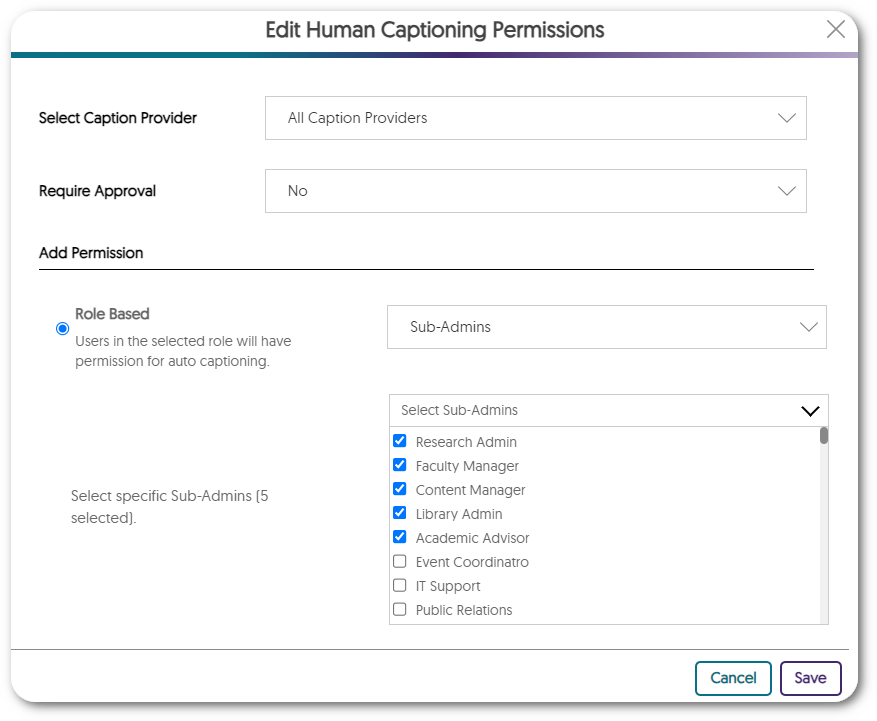 Human captioning permissions show sub-admins that can be selected.