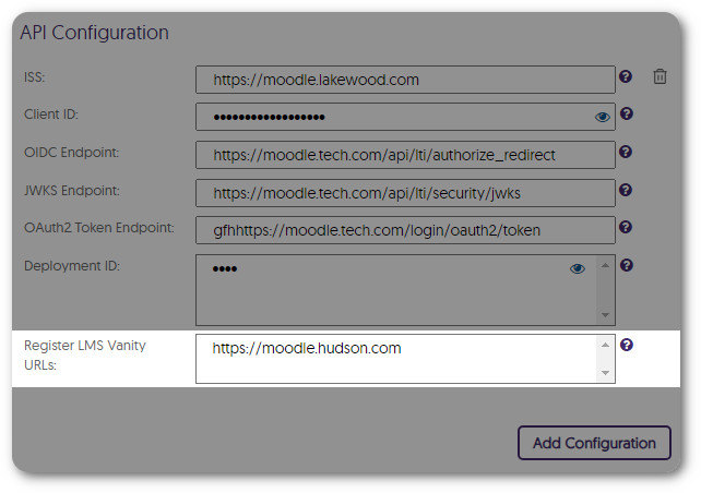 Register a LMS Vanity URL option for API Configuration.