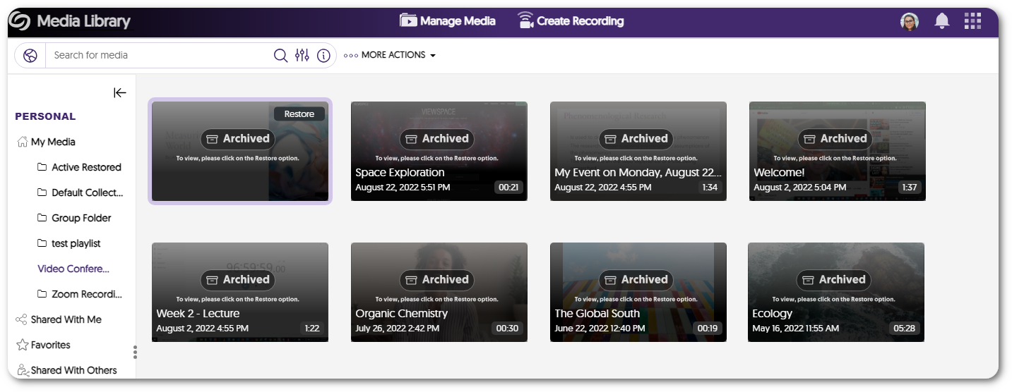 A view of archived content on the Video Platform.