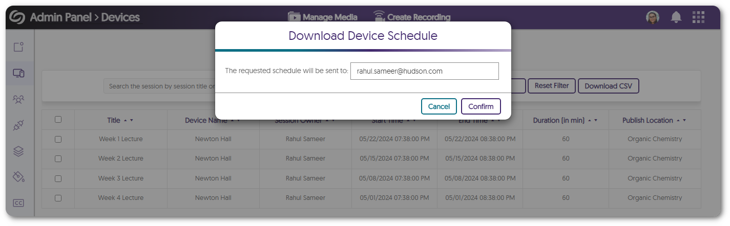 Download Device schedule modal