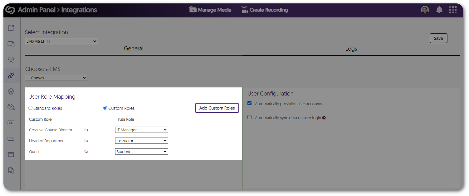 LMS integration settings page showing user role mapping for custom roles.