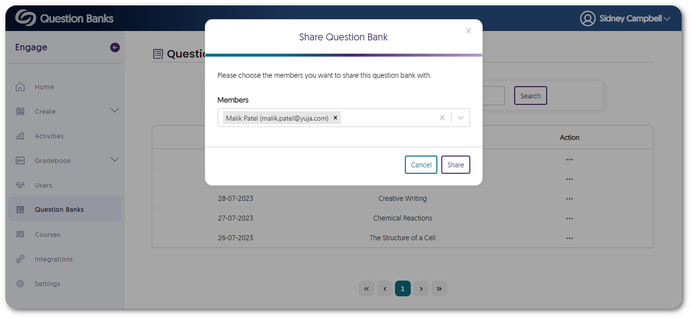 A member is selected to share a question bank with. 