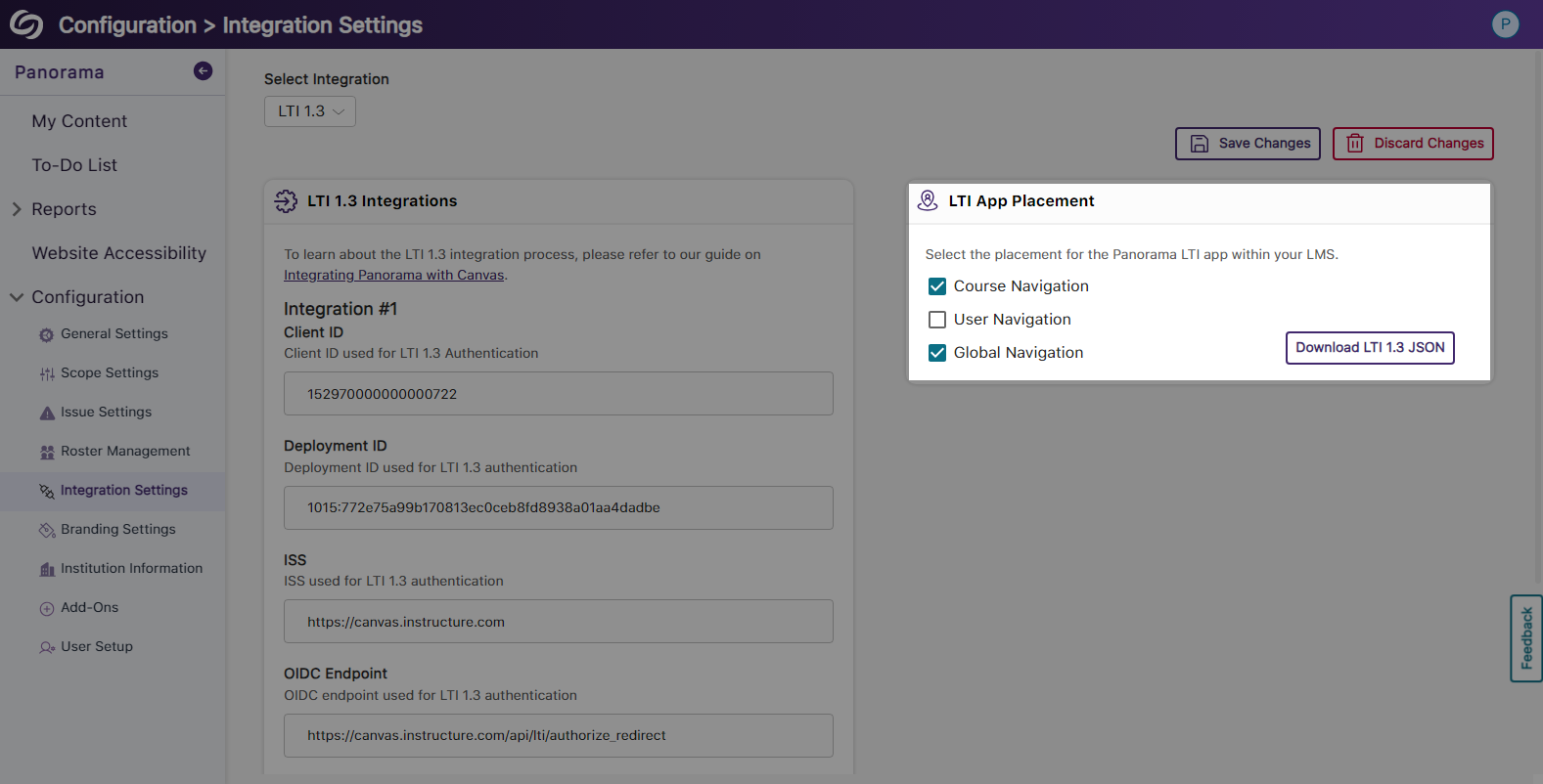 LTI placement settings in Panorama's integration page.