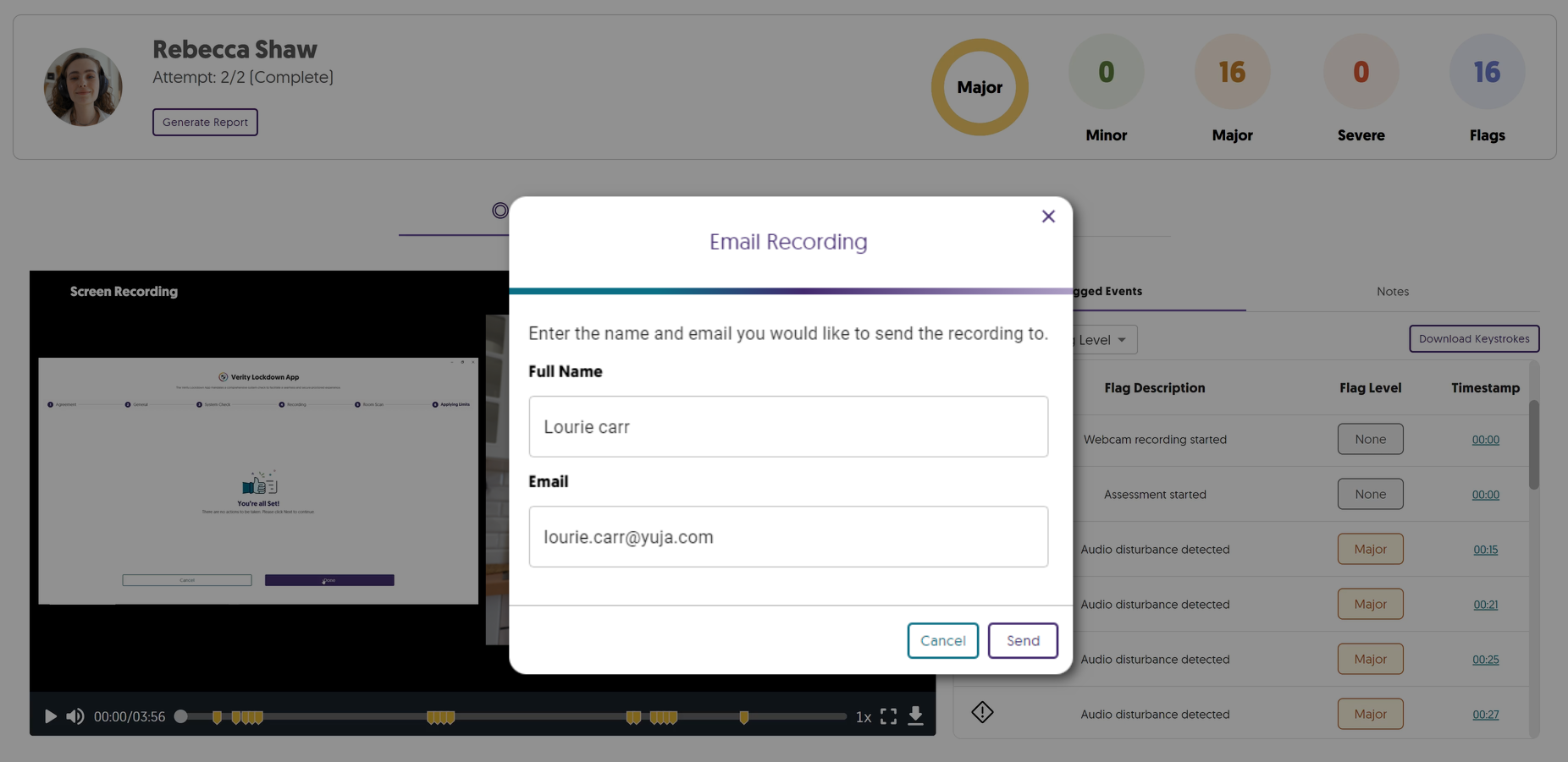 The option to enter an email to send a recording.