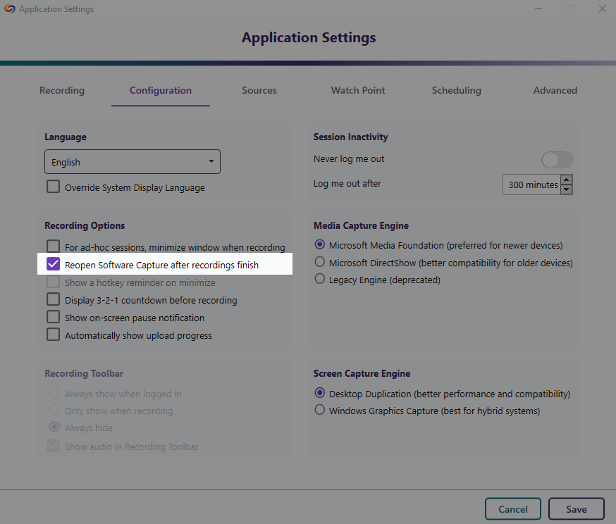 The reopen software capture setting in recording options.