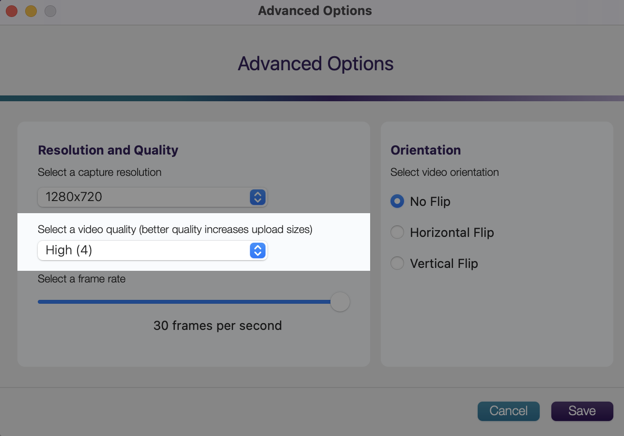 The advanced options for selecting a video quality.