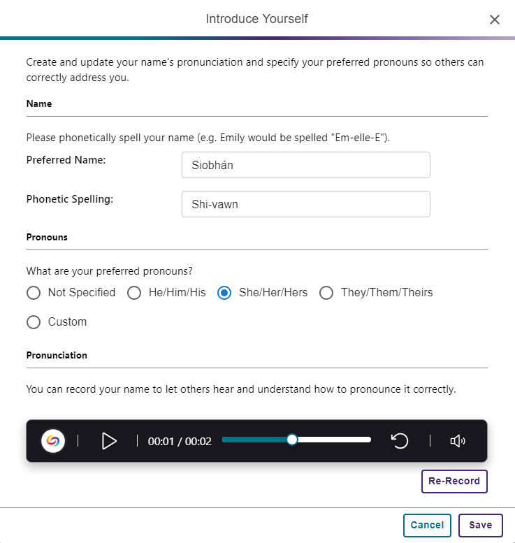 AudioName's settings to enter your name and record it's pronunciation. 