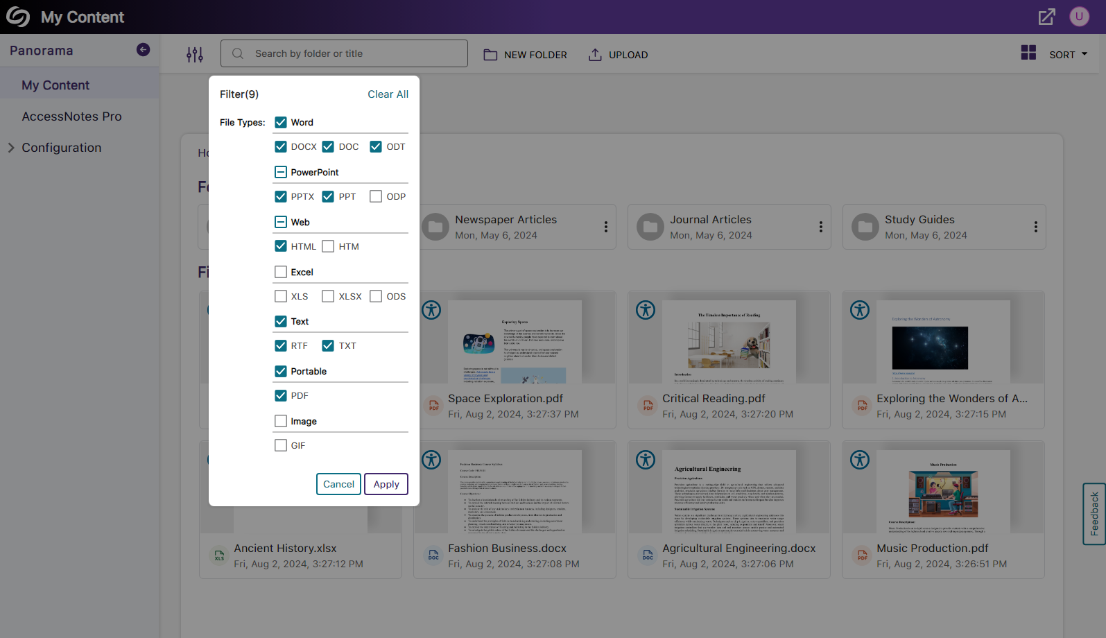 The My Content page shows a list of filters by file type.