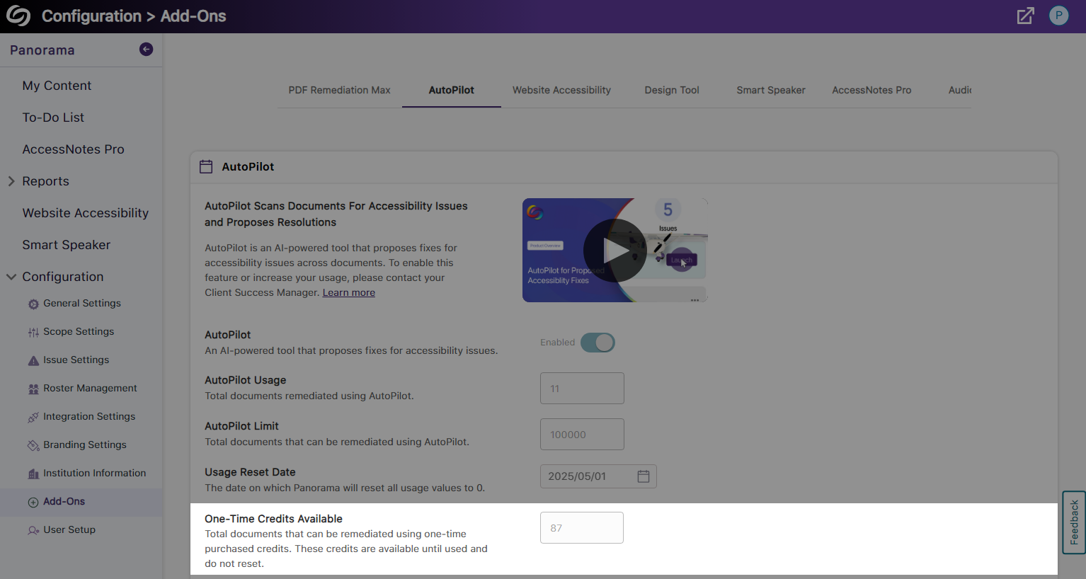 One-time credits for AutoPilot is shown on Panorama's add-ons page.