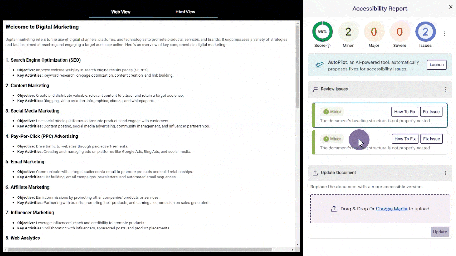 The Accessibility Report shows the HTML and Web view for a page.