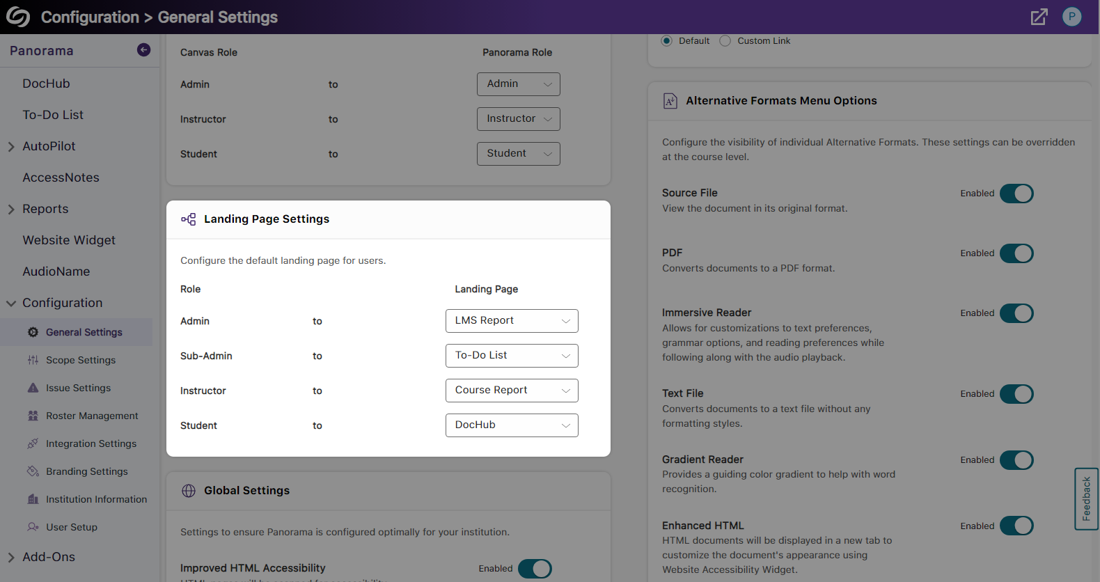 Setting to configure the landing page for each role.