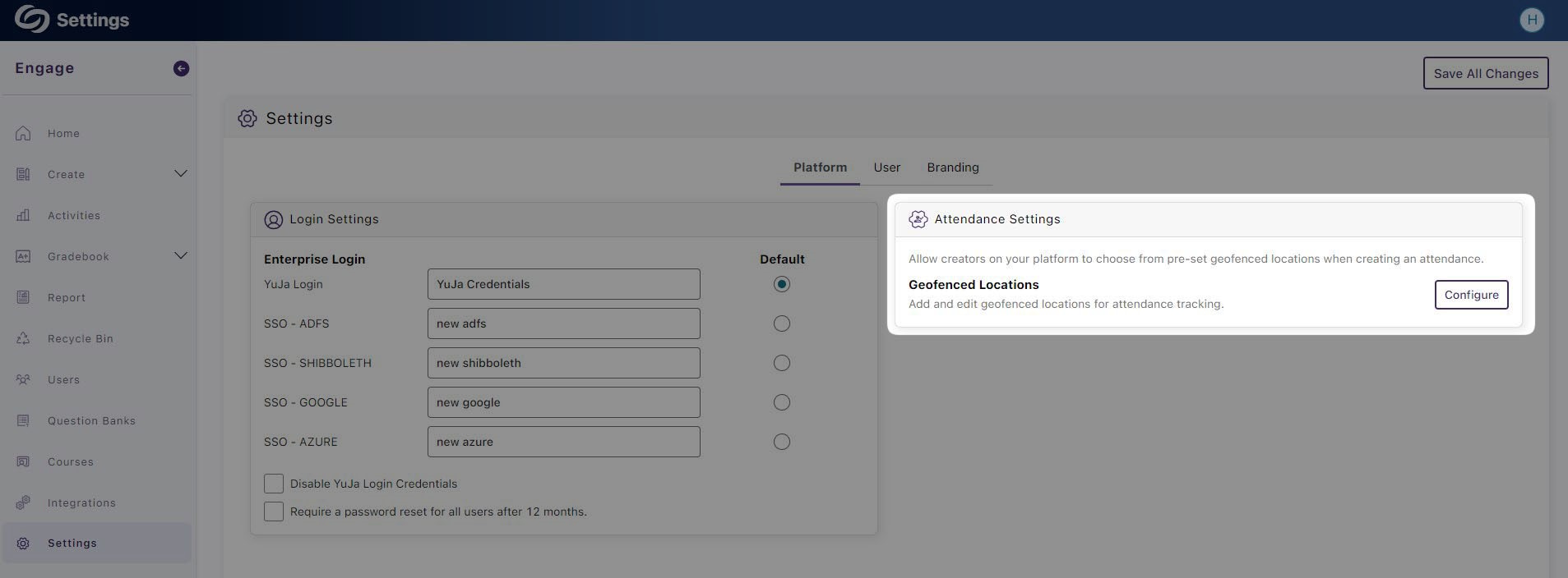 The setting page of Engage highlights the Configure button under the Geofenced Locations.