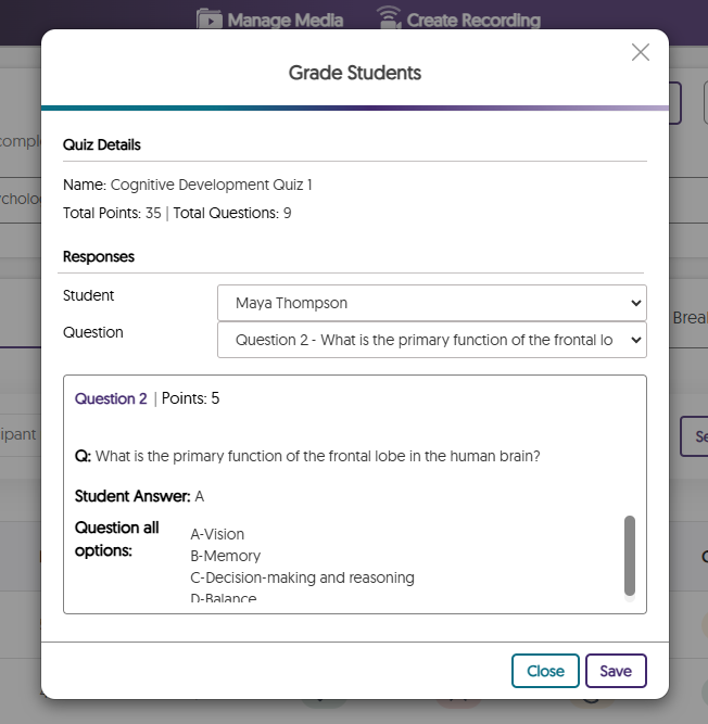 A view of viewing detailed responses from a specific participant for all question types in the Grade Book.