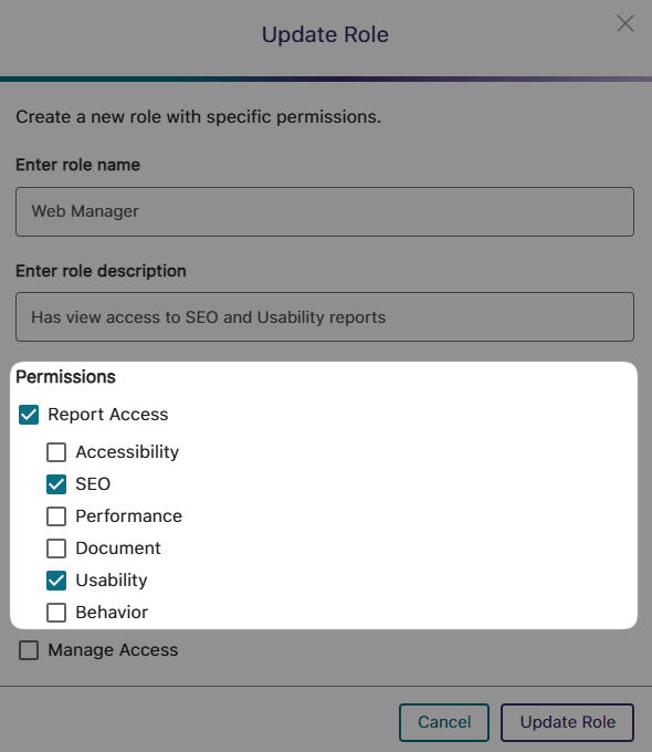 The Update Role panel in YuJa EqualGround, highlighting the permission options for report access.