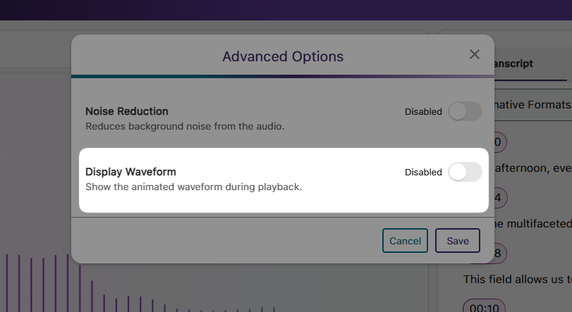 The Advanced Options of YuJa AccessNotes highlighting the new setting of disabling waveform during audio playback.