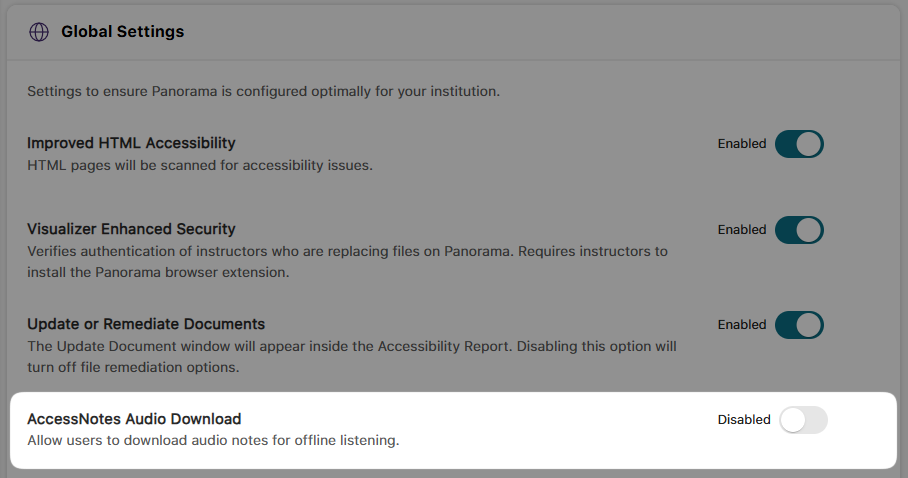 An image showing the Global Settings in YuJa AccessNotes highlighting the disabled option of audio download.