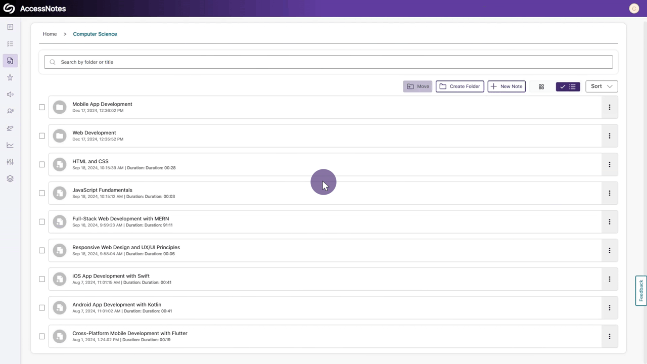 A gif showing the transfer of files from one folder to another in YuJa AccessNotes.