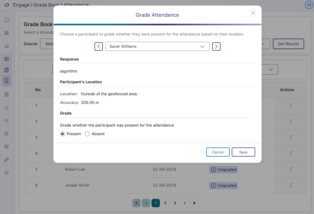 An image of the Attendance Grade Book in YuJa Engage highlighting the new grading window.