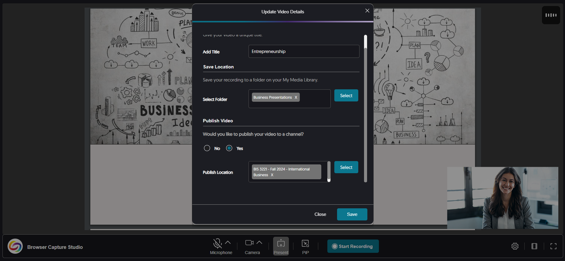 An image showing the browser capture studio with the Update Video Details window highlighted.