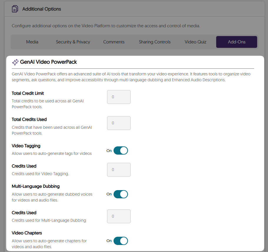 An image highlighting the GenAI Video PowerPack settings in the Video Platform.