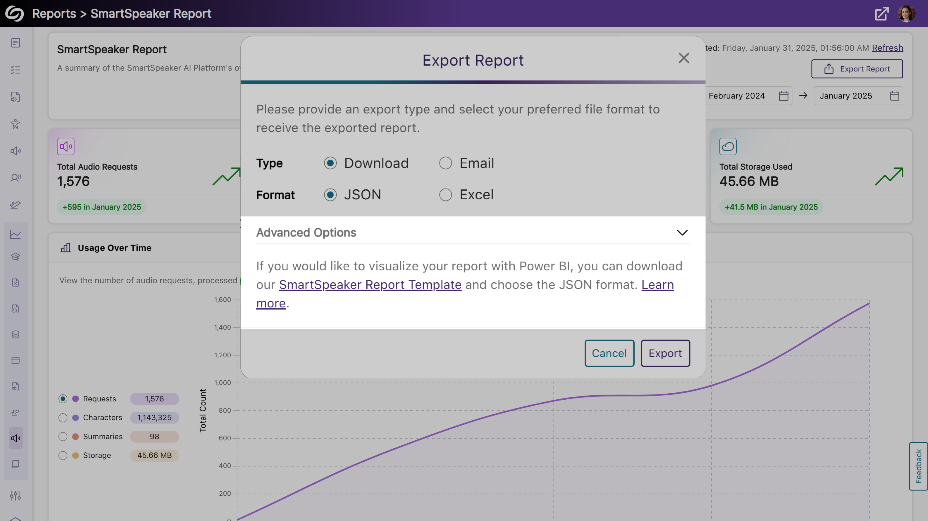 The option to export the report with a template.